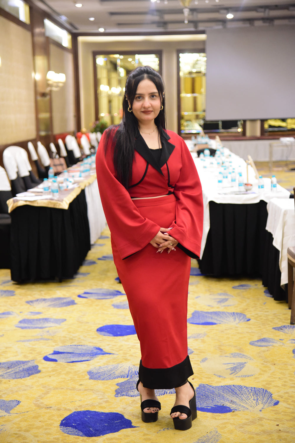 Red Knotted Crop Blazer with Skirt and Black Bustier