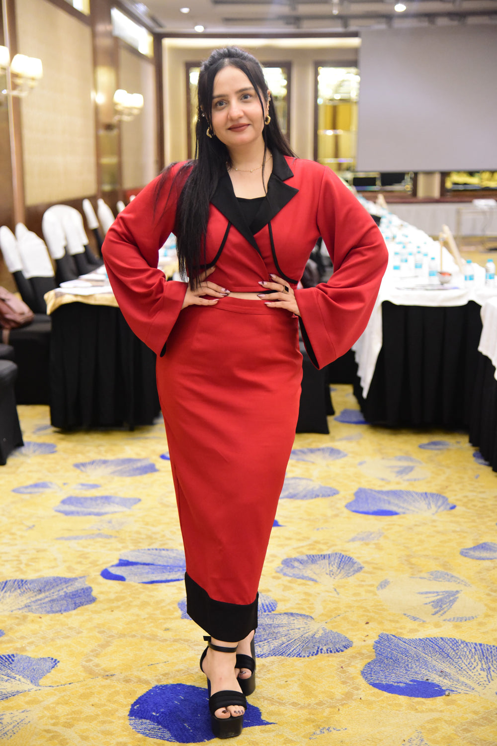 Red Knotted Crop Blazer with Skirt and Black Bustier