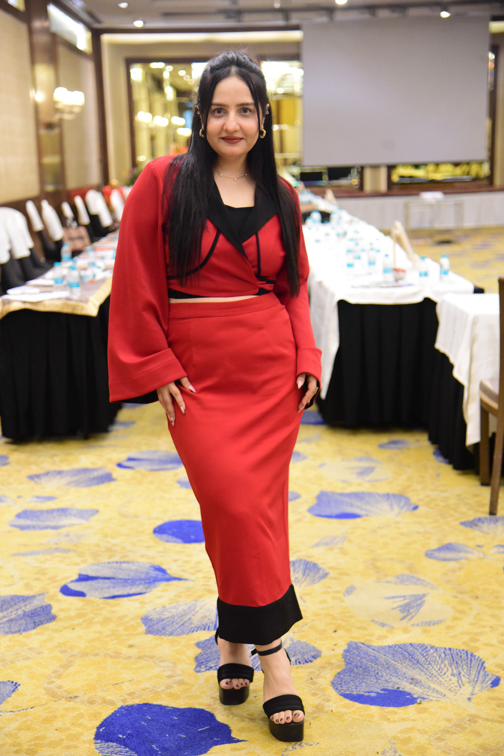 Red Knotted Crop Blazer with Skirt and Black Bustier