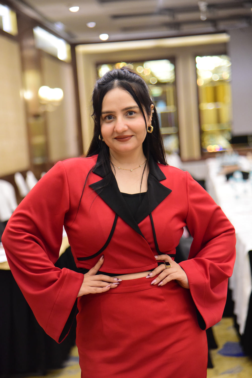 Red Knotted Crop Blazer with Skirt and Black Bustier
