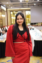 Red Knotted Crop Blazer with Skirt and Black Bustier
