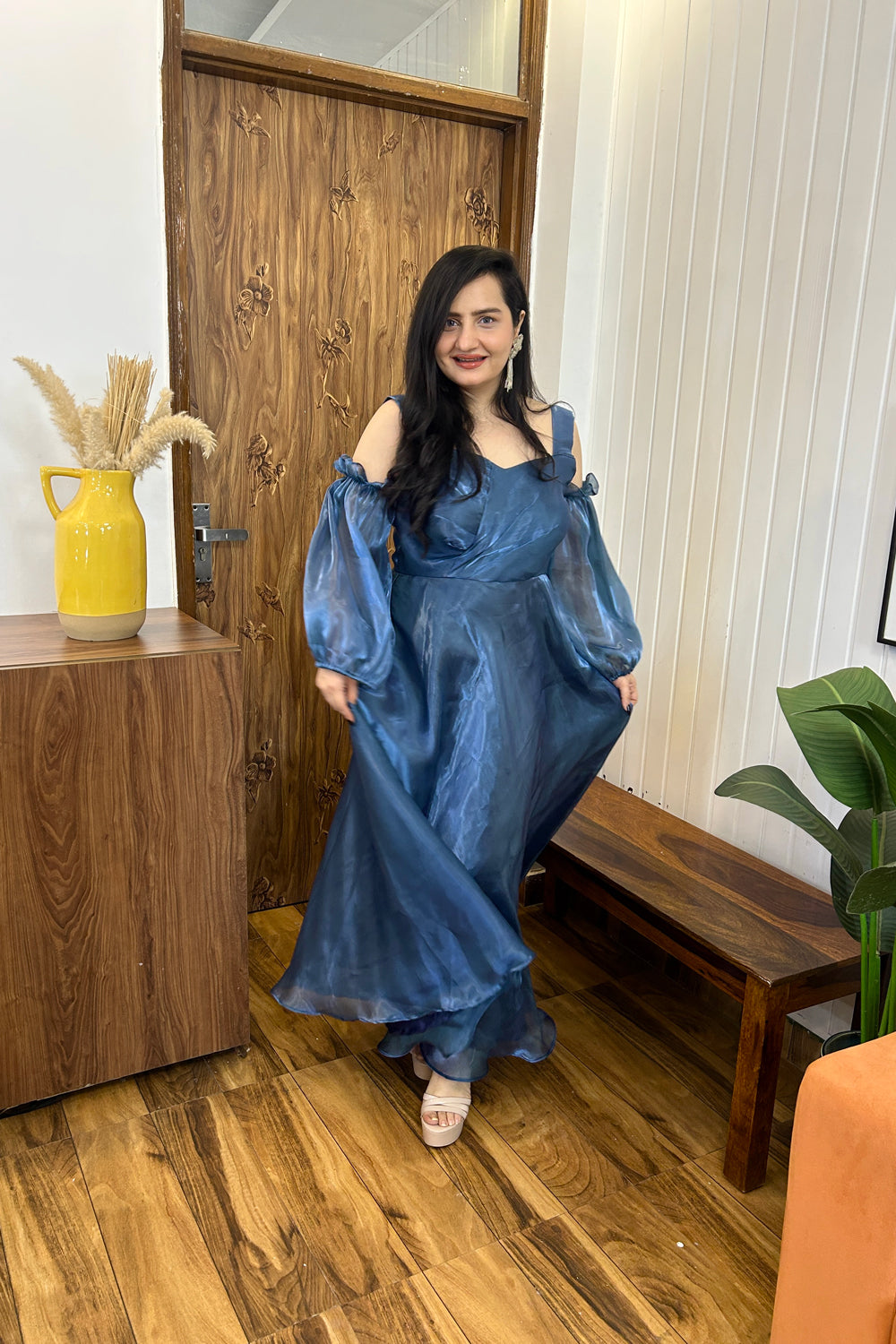 Blue Organza Fit and Flare Dress