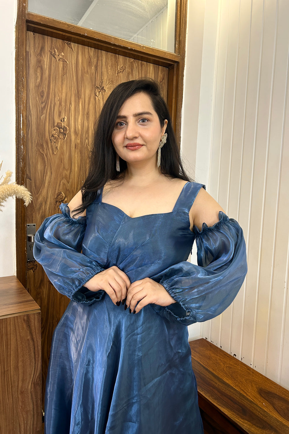 Blue Organza Fit and Flare Dress