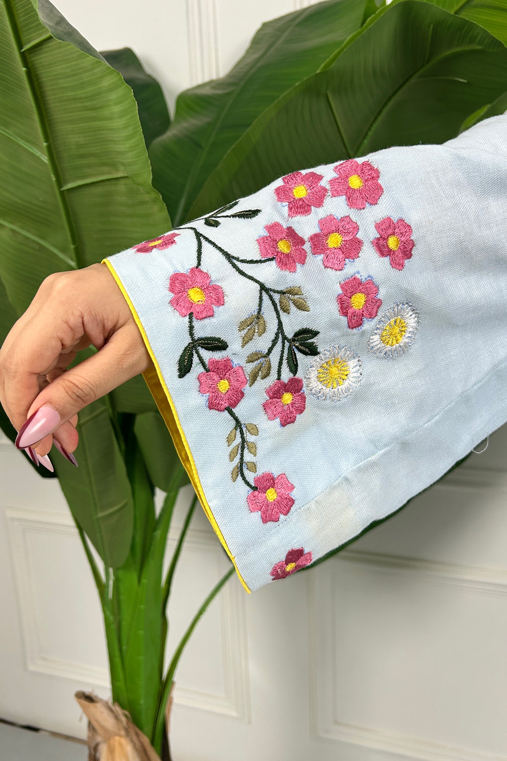 Blue Linen Floral Embroidered Co-ord Set