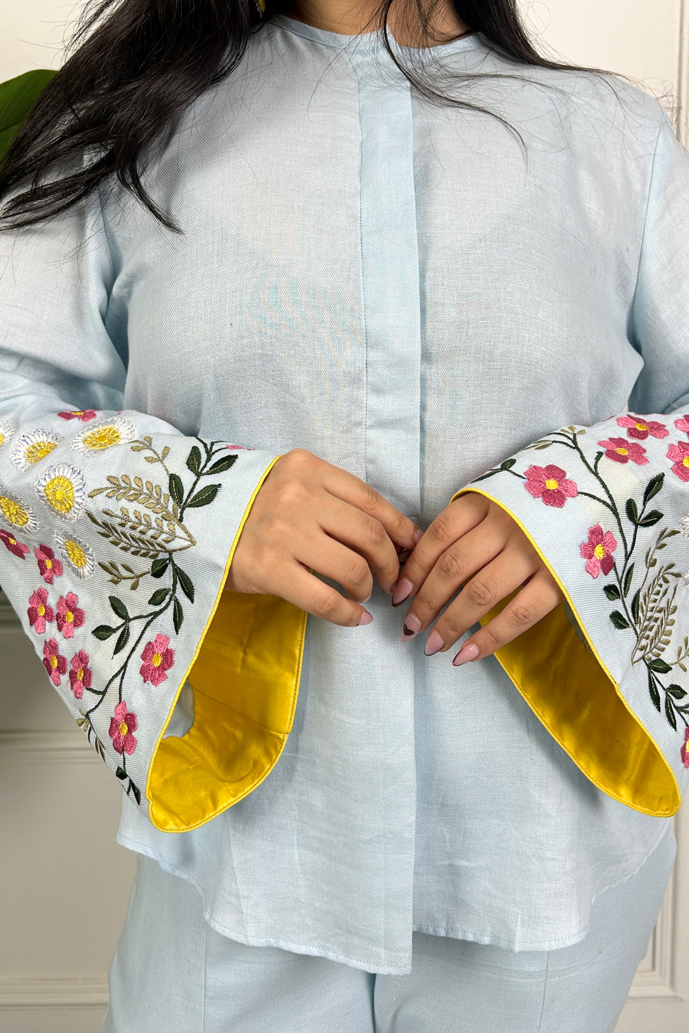 Blue Linen Floral Embroidered Co-ord Set