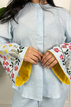 Blue Linen Floral Embroidered Co-ord Set