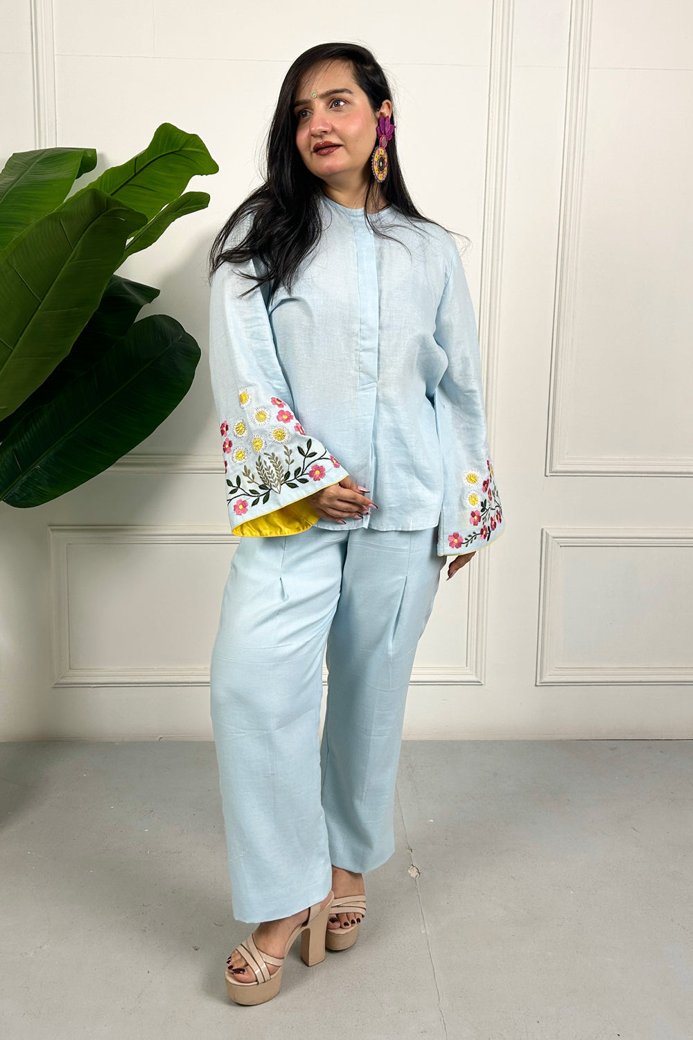 Blue Linen Floral Embroidered Co-ord Set