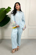 Blue Linen Floral Embroidered Co-ord Set