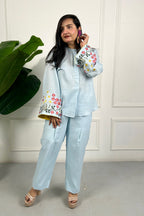 Blue Linen Floral Embroidered Co-ord Set