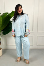 Blue Linen Floral Embroidered Co-ord Set