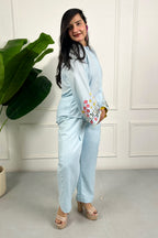 Blue Linen Floral Embroidered Co-ord Set