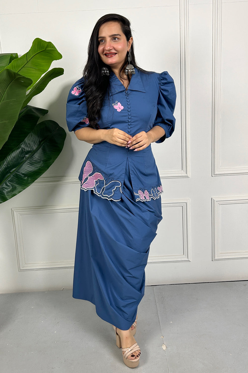 Blue Embroidered Draped Skirt set