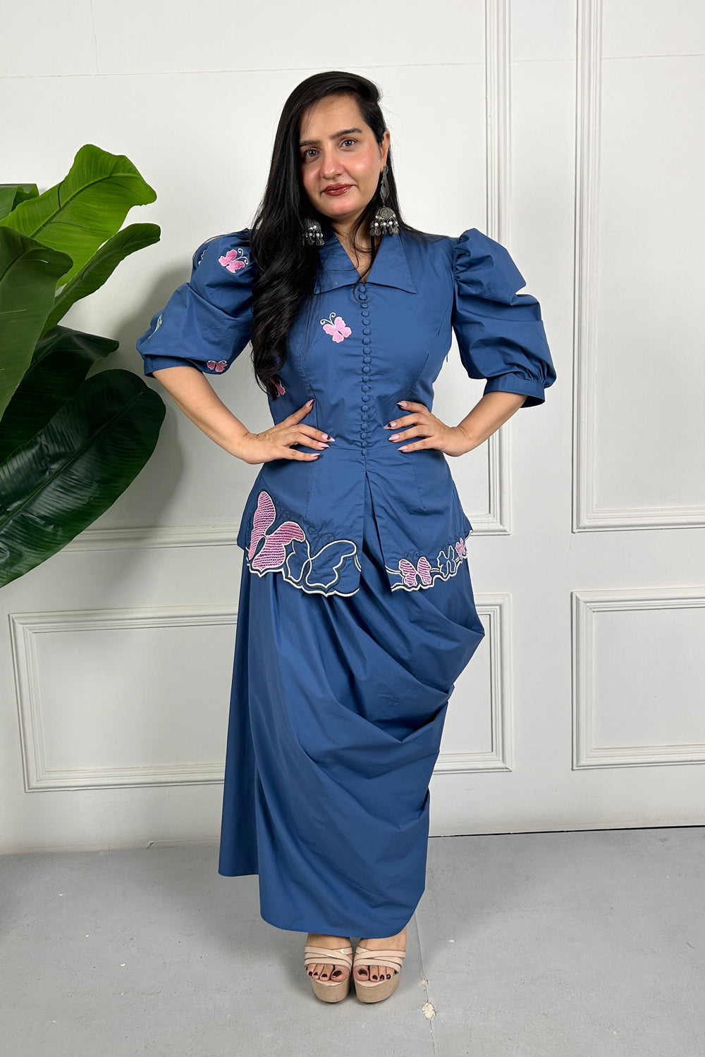 Blue Embroidered Draped Skirt set