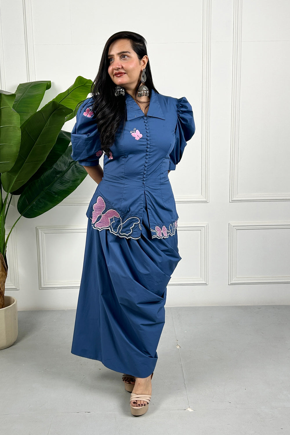 Blue Embroidered Draped Skirt set
