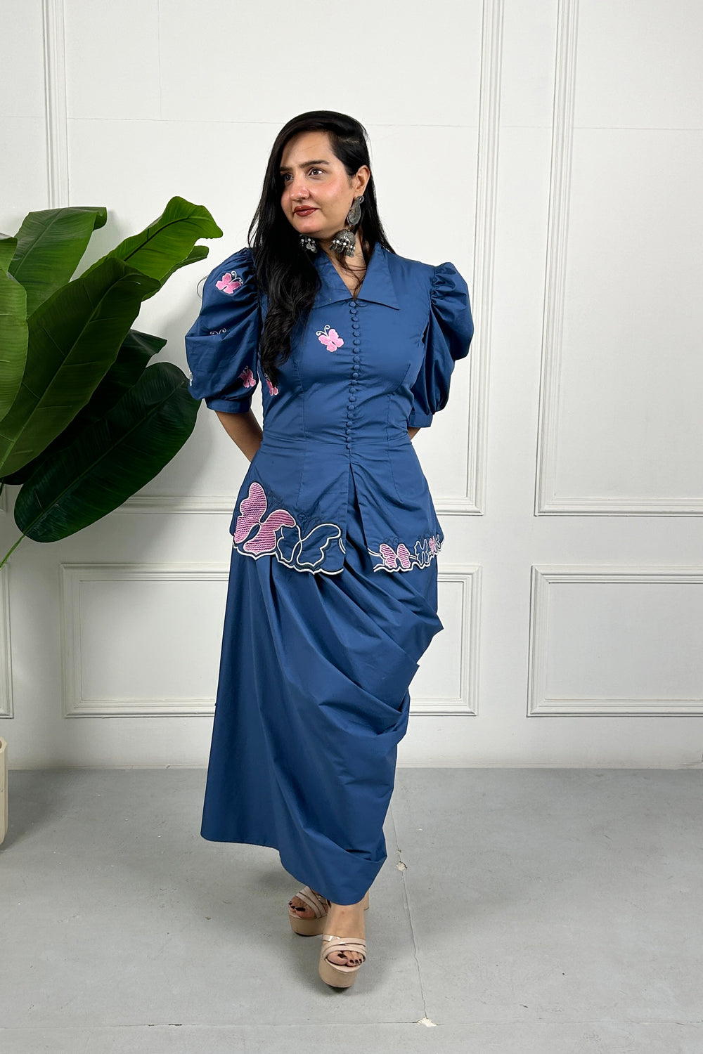 Blue Embroidered Draped Skirt set