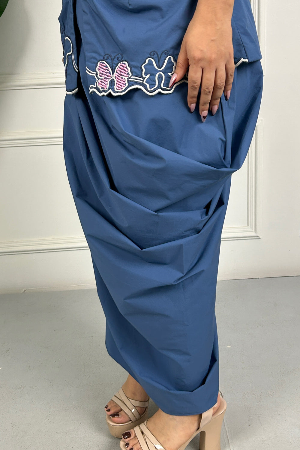 Blue Embroidered Draped Skirt set