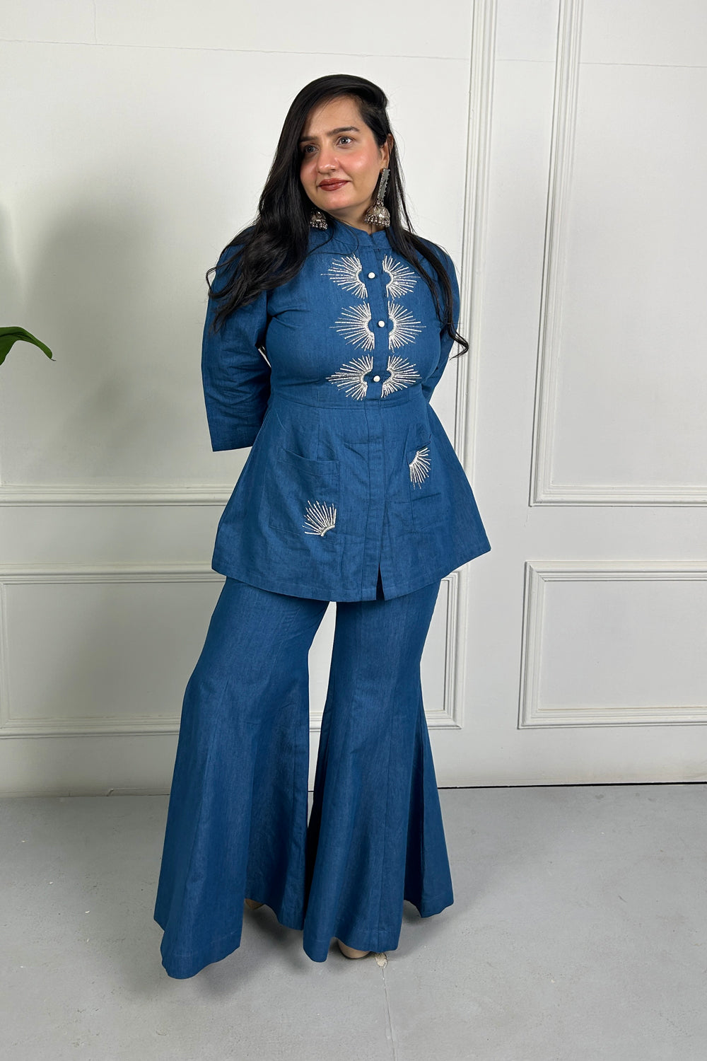 Blue Denim Hand Embroidered Coordinate Set