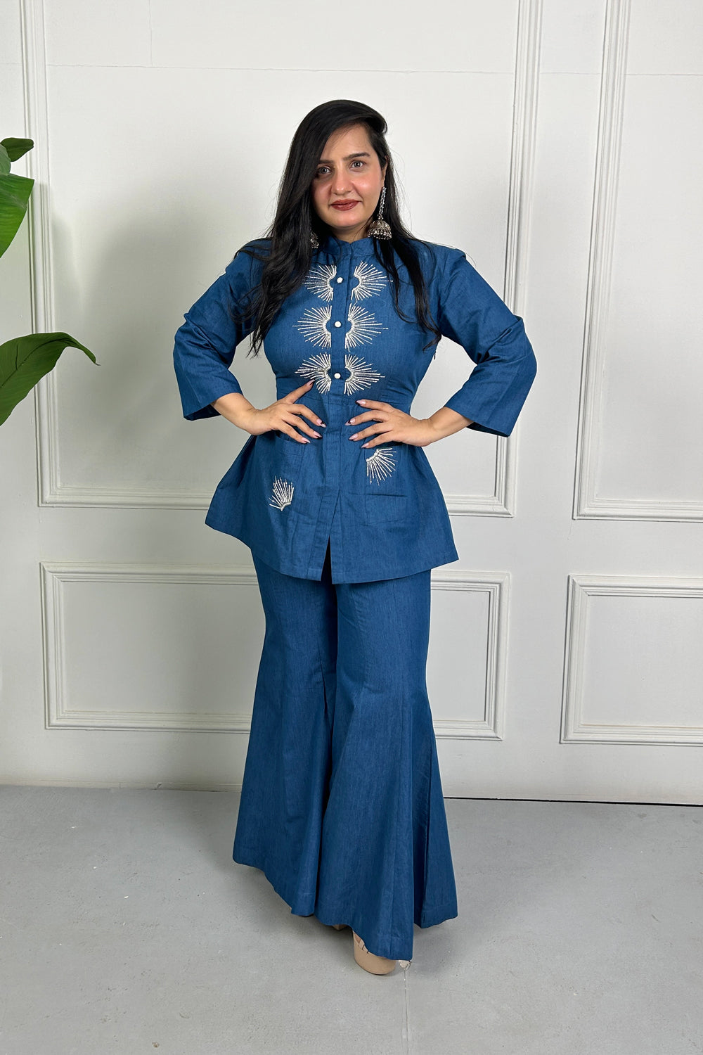 Blue Denim Hand Embroidered Coordinate Set