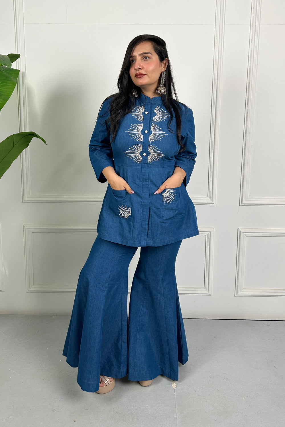 Blue Denim Hand Embroidered Coordinate Set