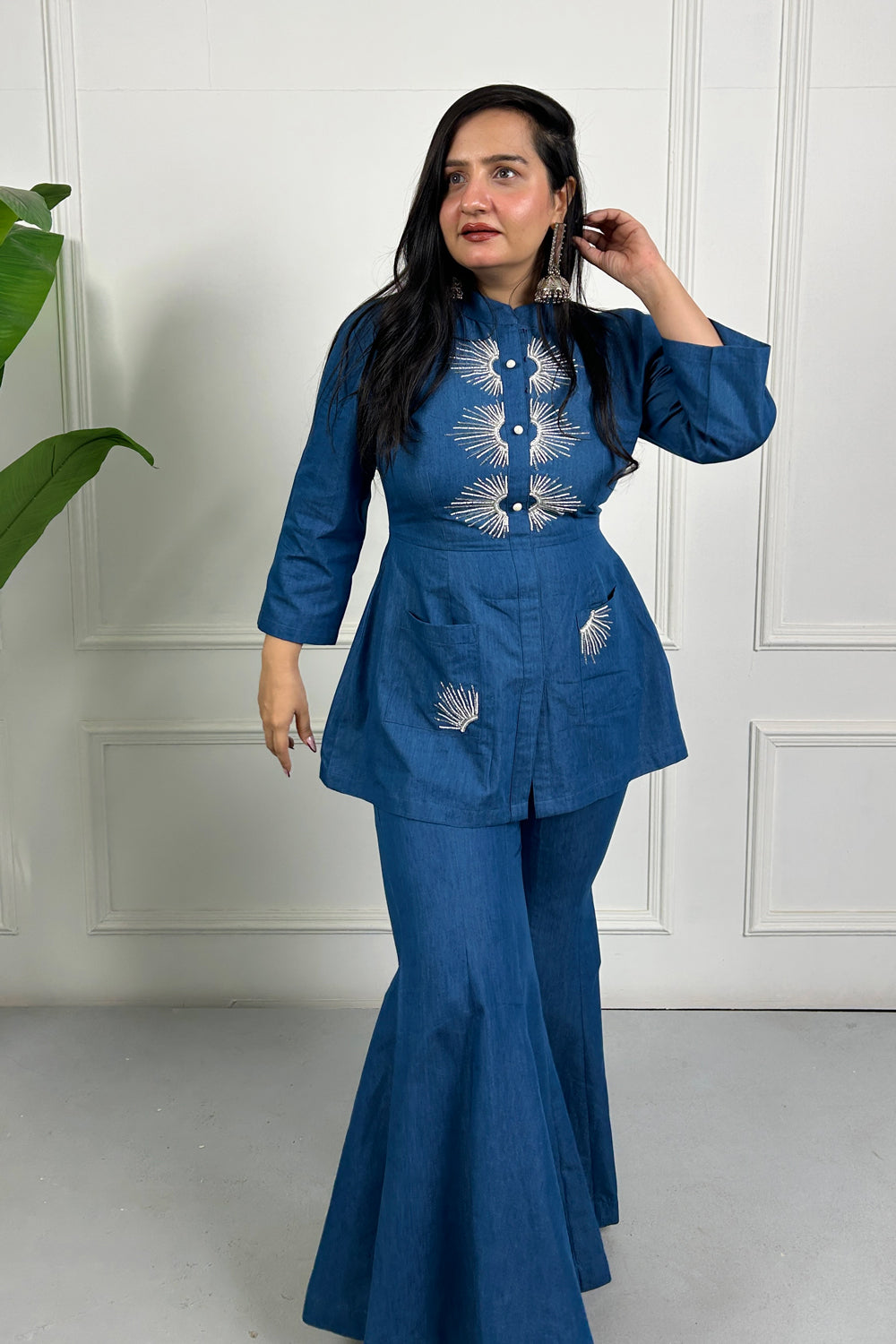 Blue Denim Hand Embroidered Coordinate Set