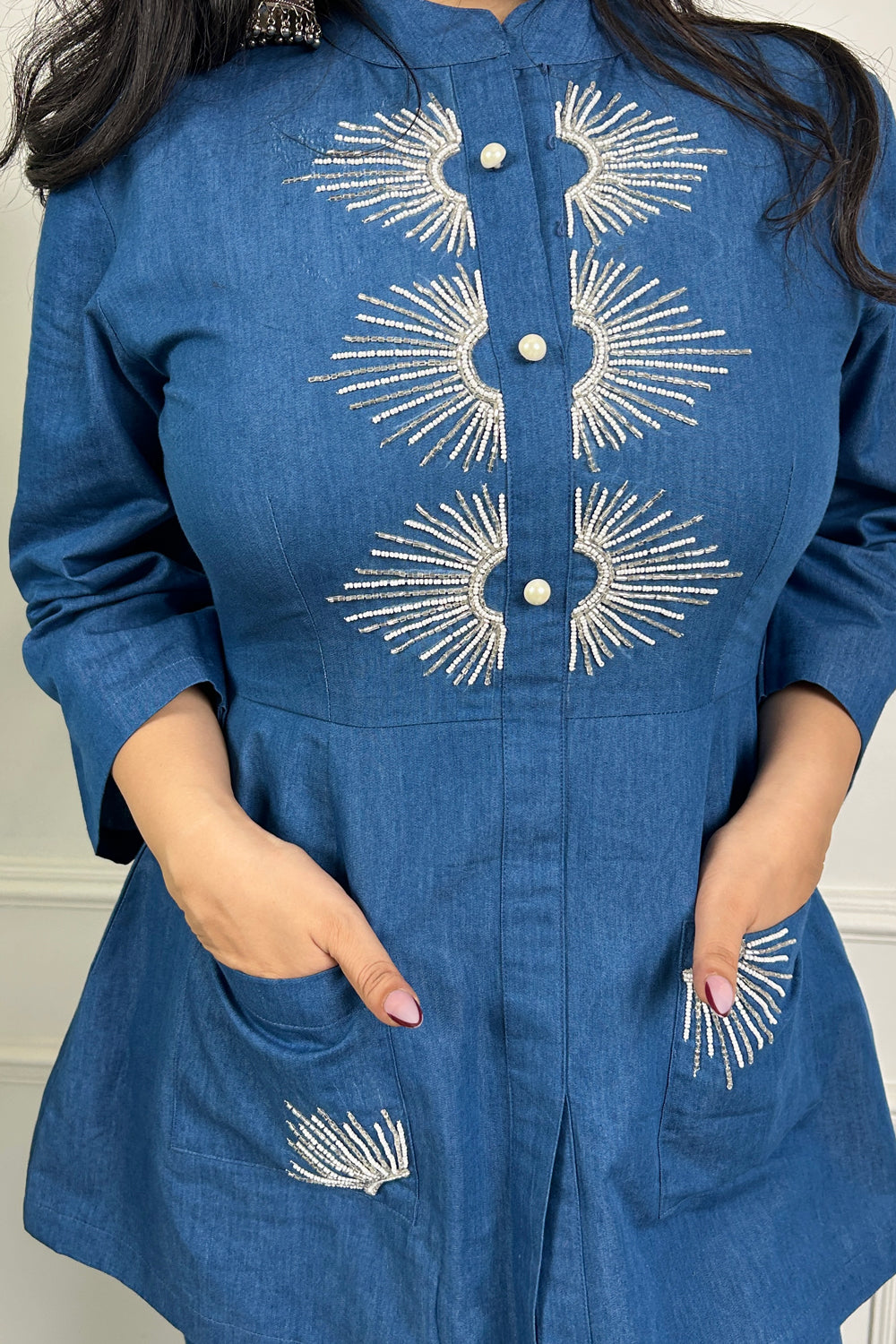 Blue Denim Hand Embroidered Coordinate Set