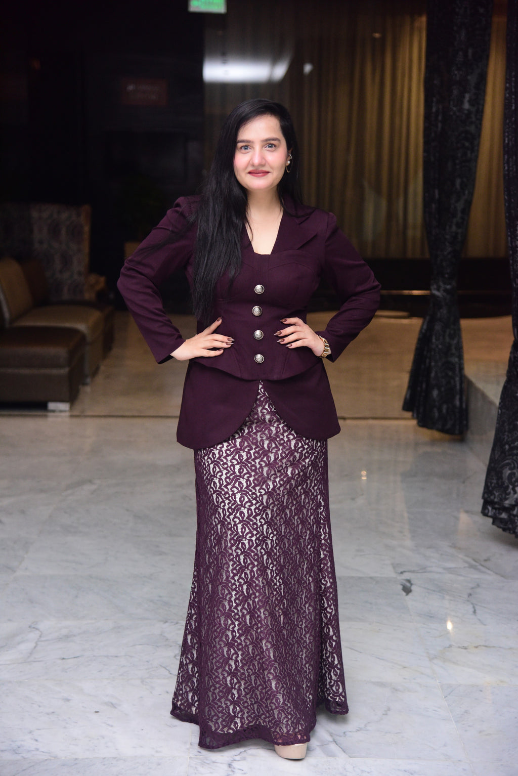 Wine Corset Top with Lace Skirt Set