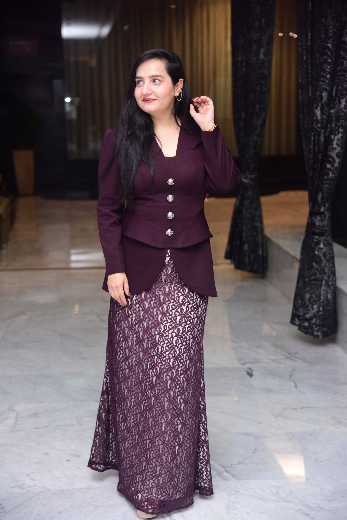 Wine Corset Top with Lace Skirt Set