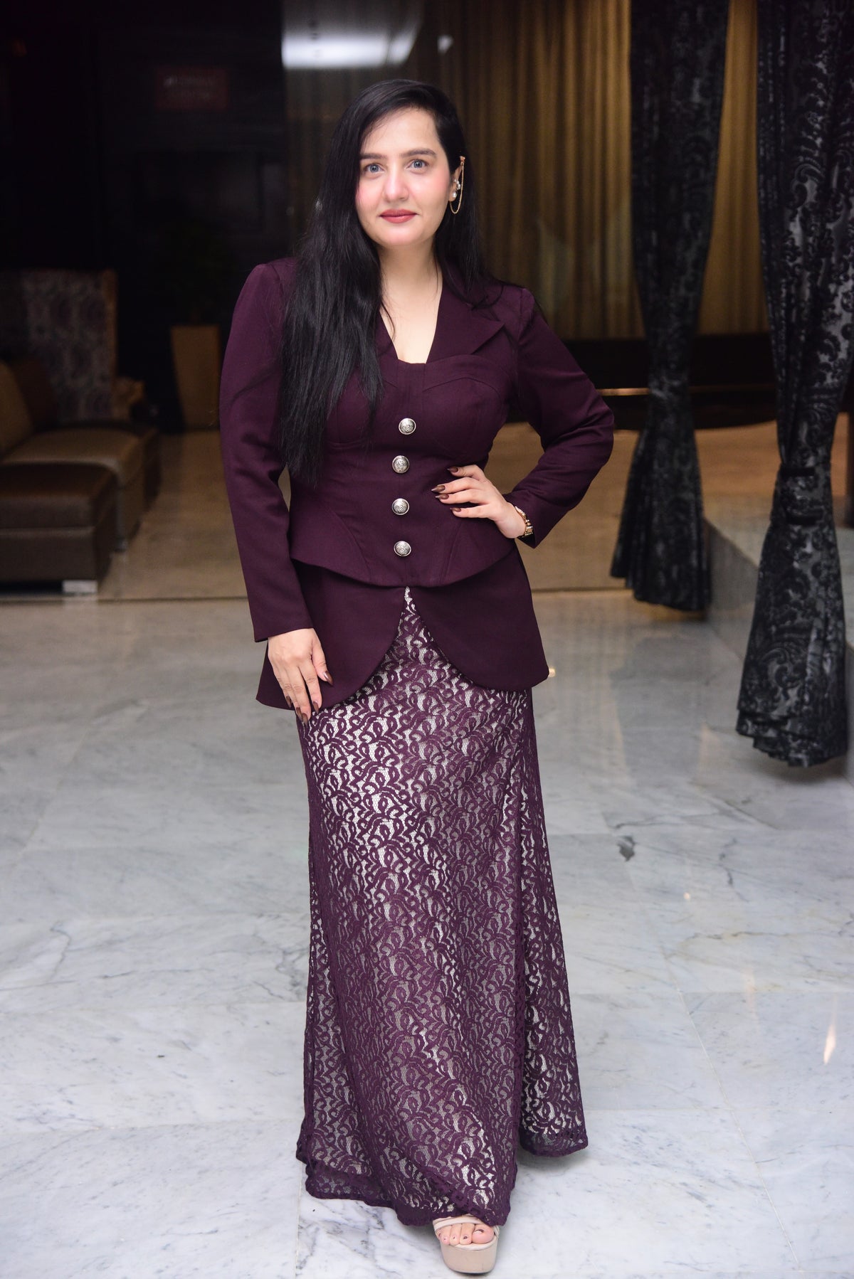 Wine Corset Top with Lace Skirt Set