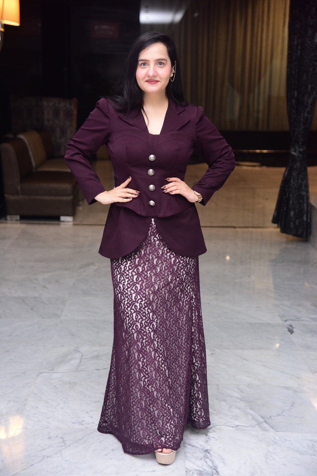 Wine Corset Top with Lace Skirt Set