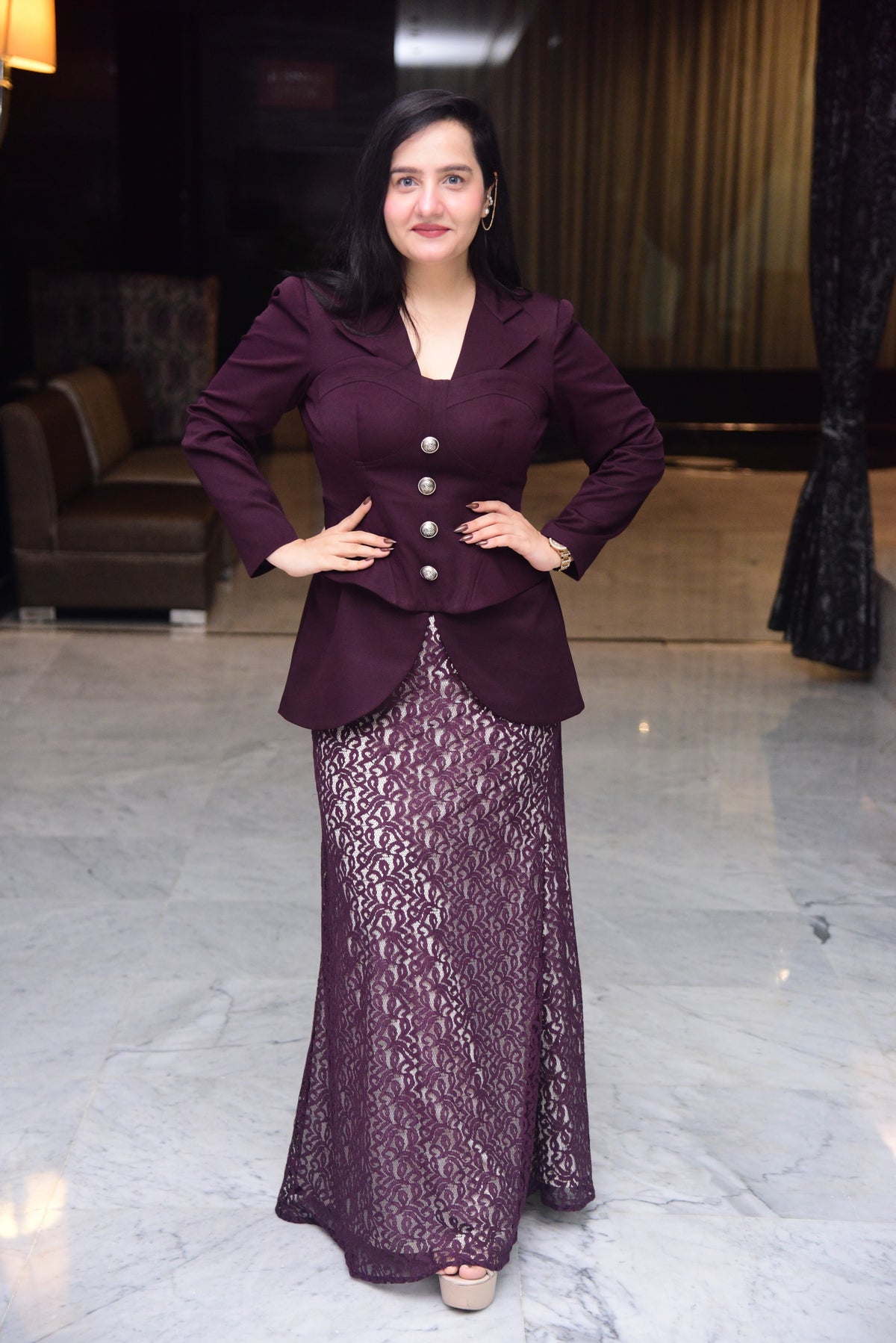 Wine Corset Top with Lace Skirt Set