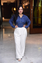 Blue Striped Shirt with White Flared Pants