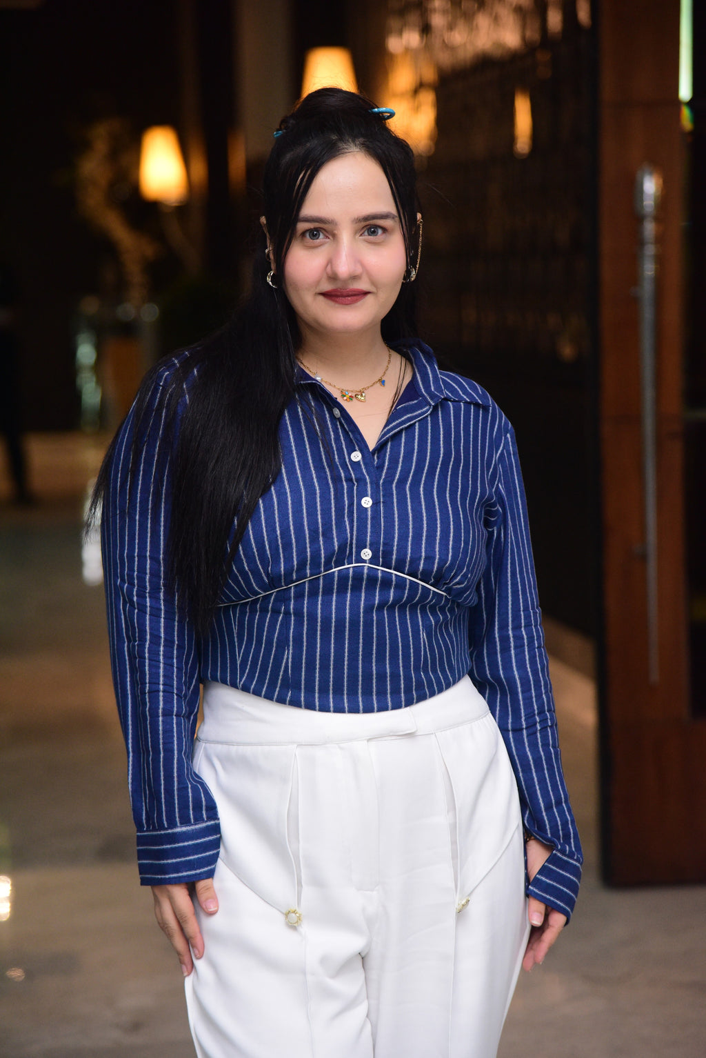 Blue Striped Shirt with White Flared Pants