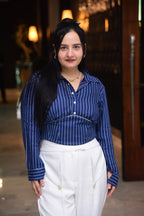Blue Striped Shirt with White Flared Pants