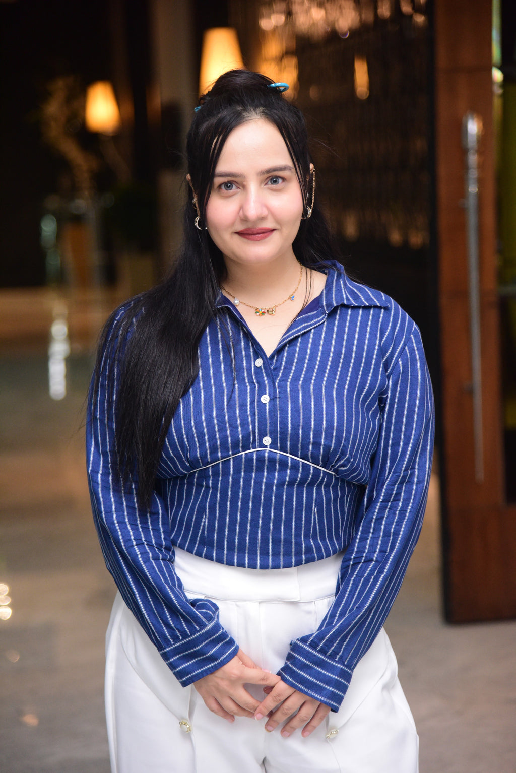 Blue Striped Shirt with White Flared Pants