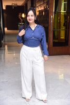 Blue Striped Shirt with White Flared Pants