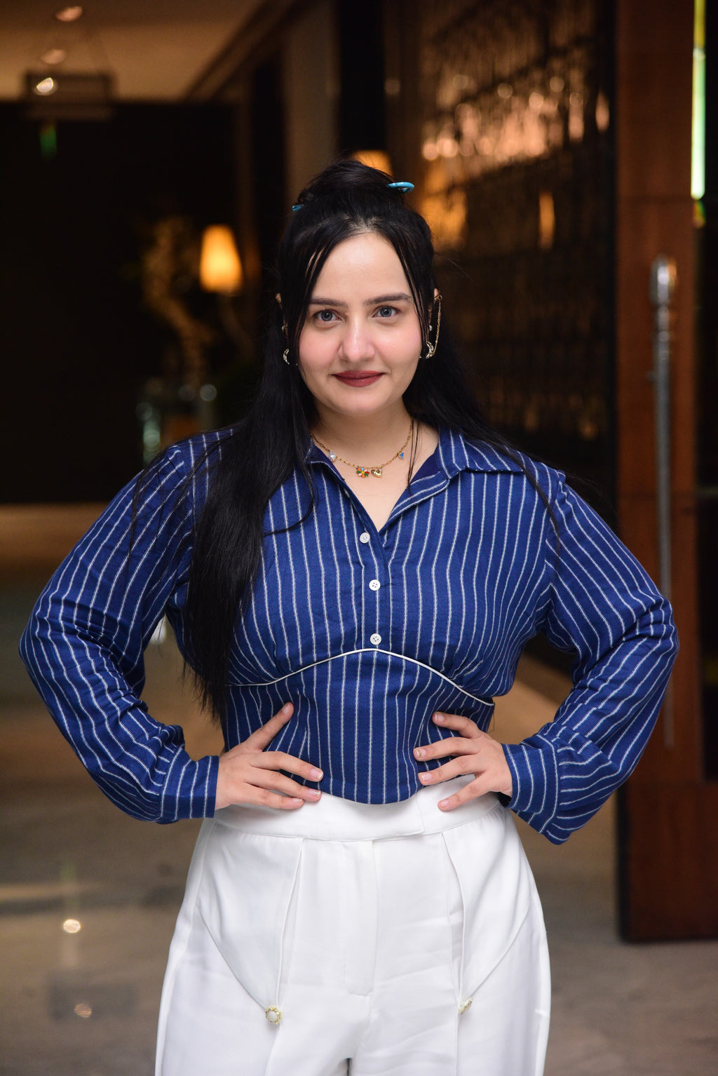 Blue Striped Shirt with White Flared Pants