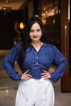 Blue Striped Shirt with White Flared Pants