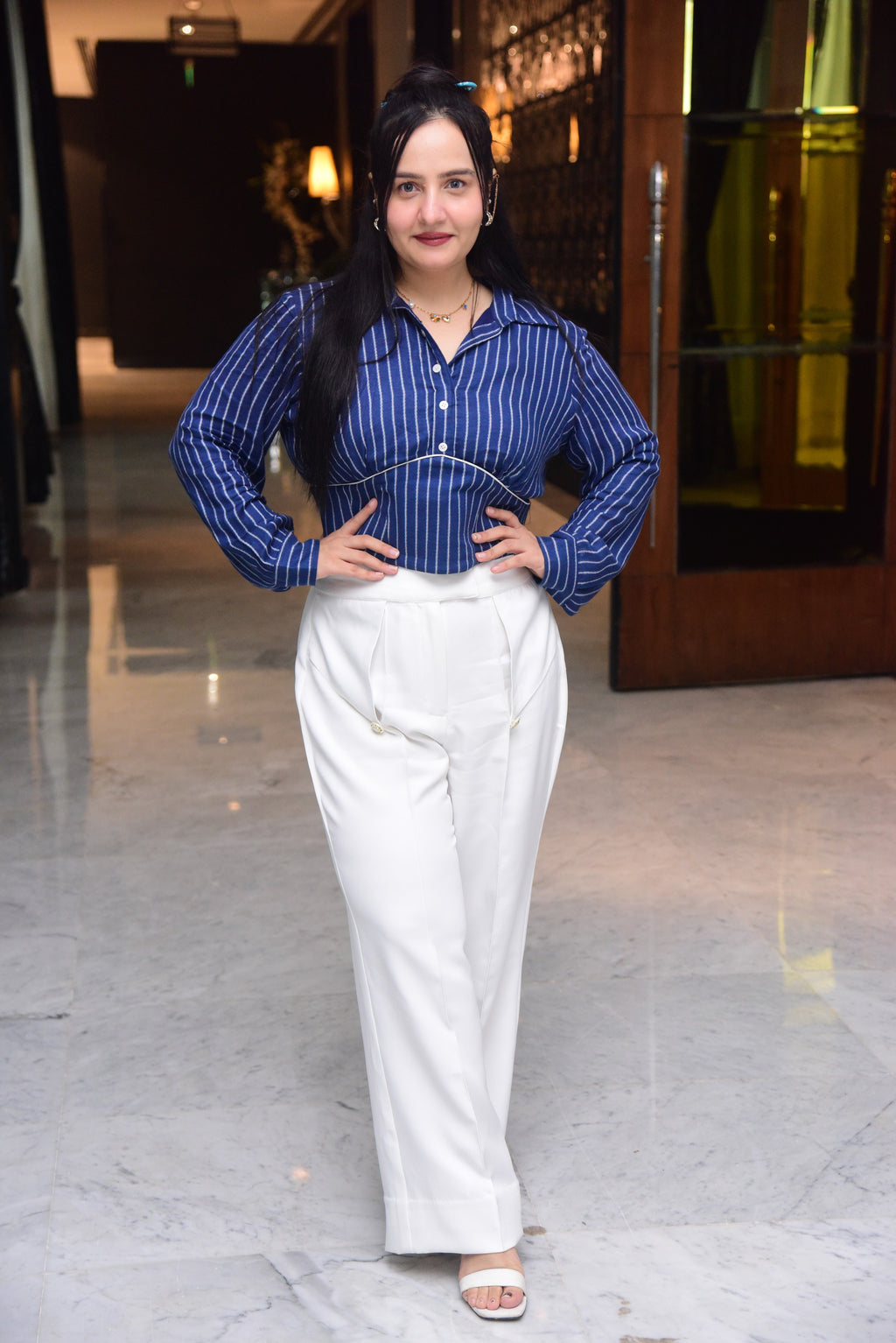 Blue Striped Shirt with White Flared Pants