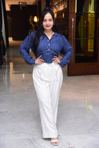Blue Striped Shirt with White Flared Pants
