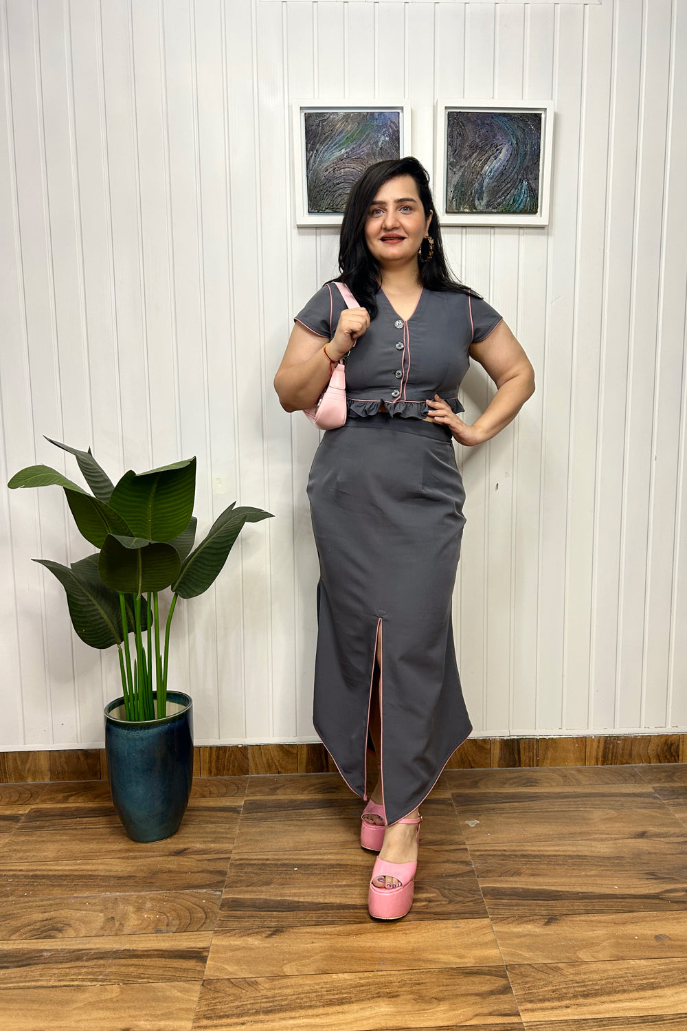 Grey Co-ord Set with Front Slit