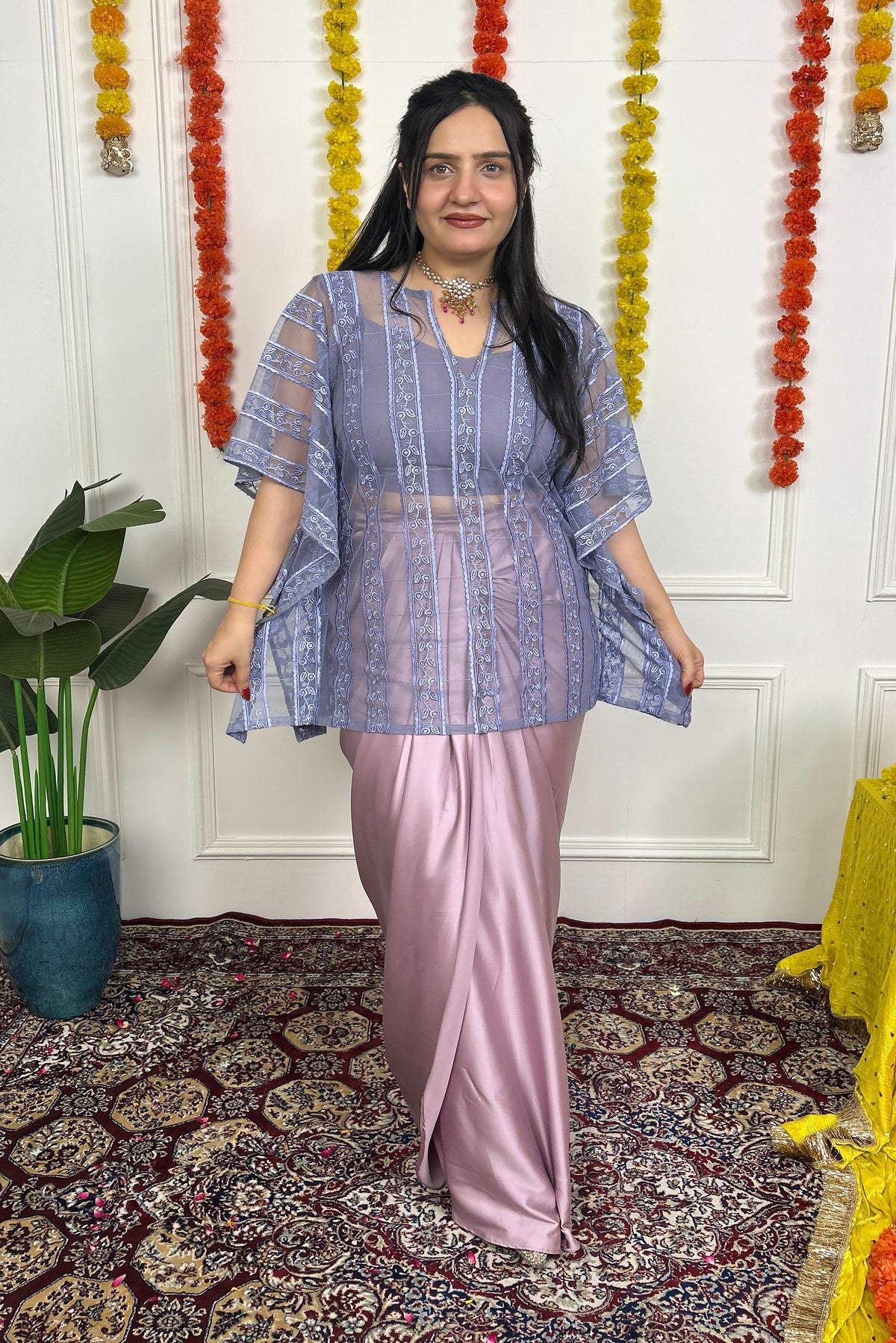 Pink Draped Skirt with Grey Kaftan Top
