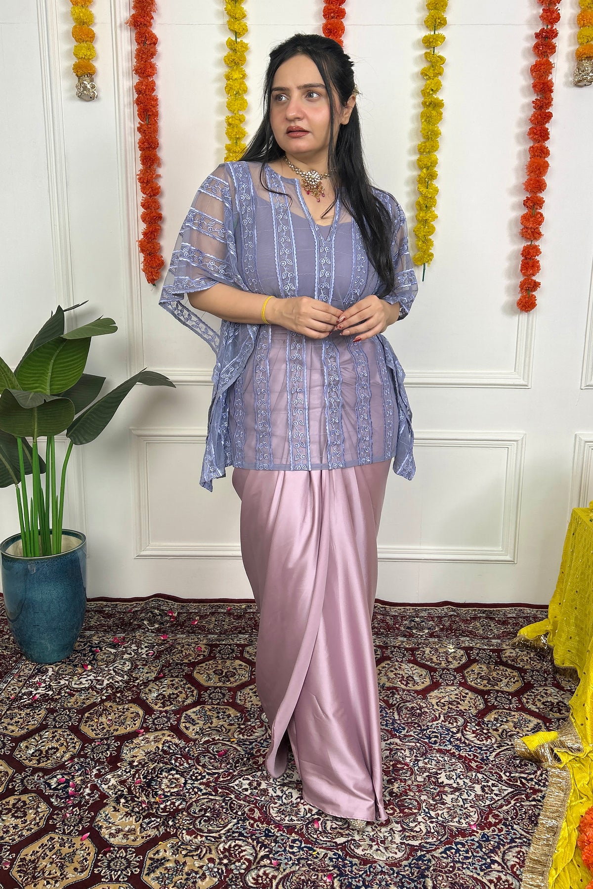 Pink Draped Skirt with Grey Kaftan Top