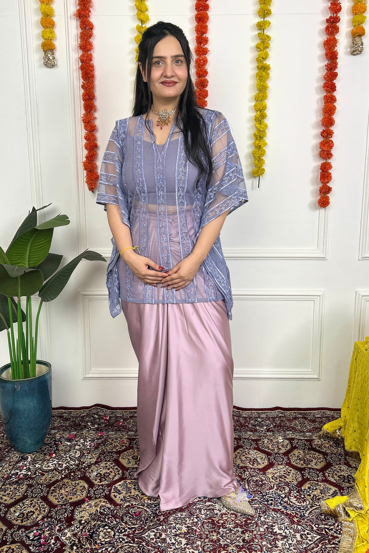 Pink Draped Skirt with Grey Kaftan Top