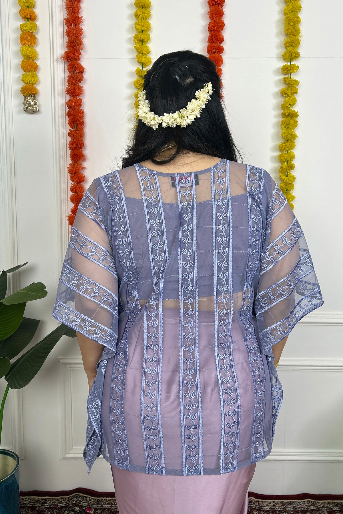 Pink Draped Skirt with Grey Kaftan Top
