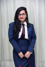 Navy blue stripes high waisted skirt with coat & shirt set