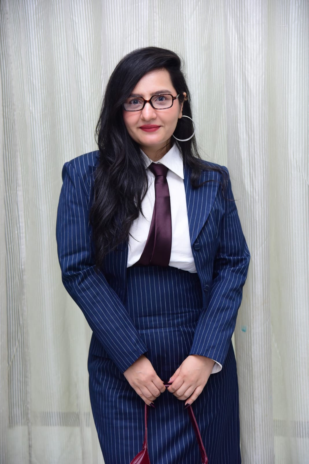 Navy blue stripes high waisted skirt with coat & shirt set
