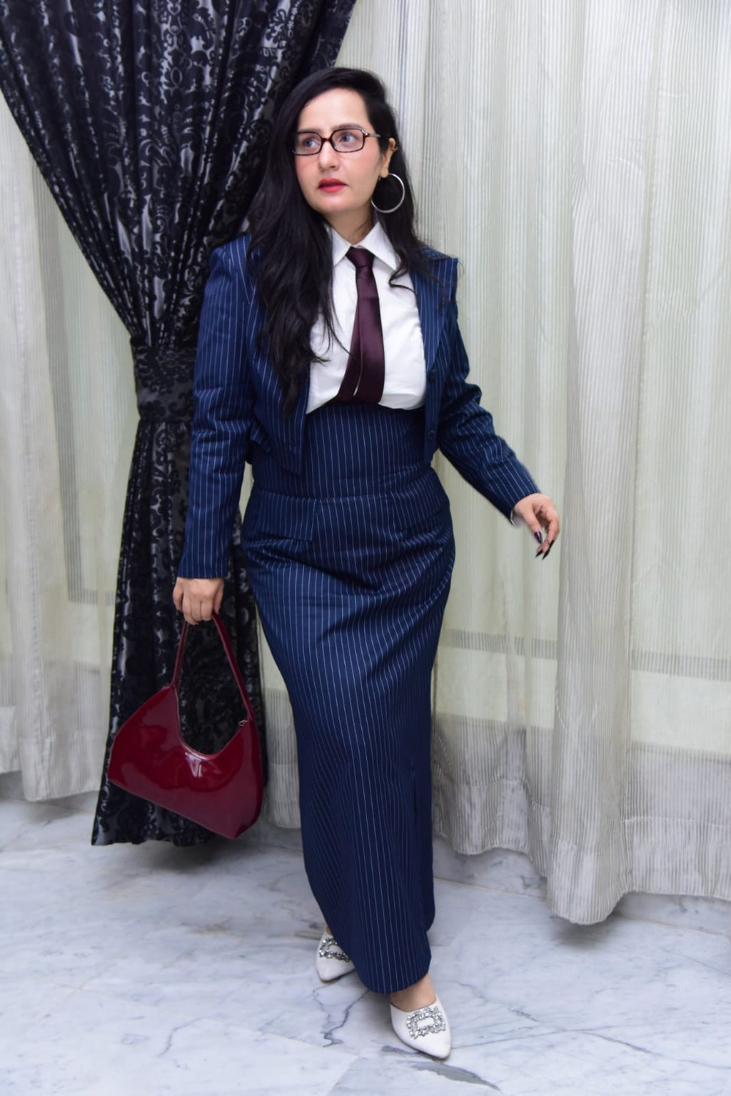 Navy blue stripes high waisted skirt with coat & shirt set