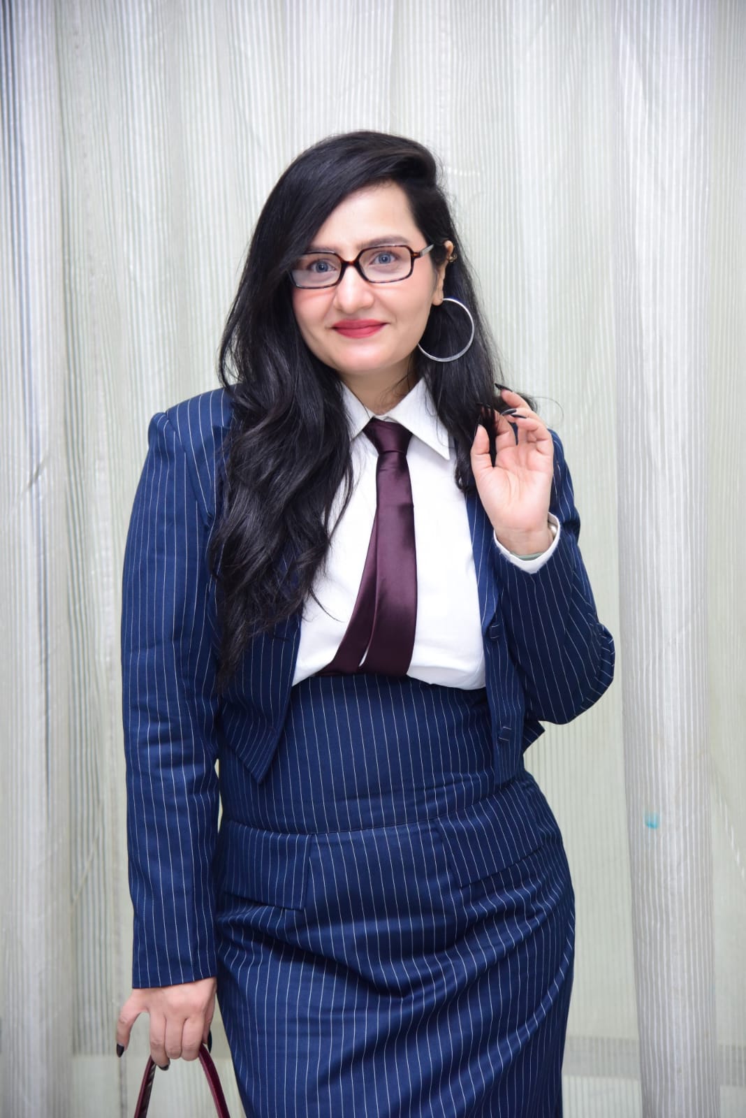 Navy blue stripes high waisted skirt with coat & shirt set