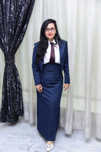 Navy blue stripes high waisted skirt with coat & shirt set