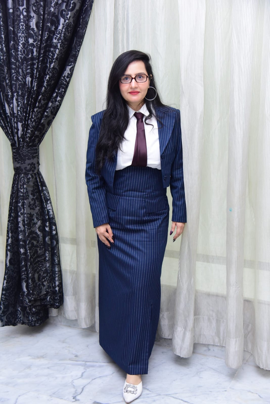 Navy blue stripes high waisted skirt with coat & shirt set